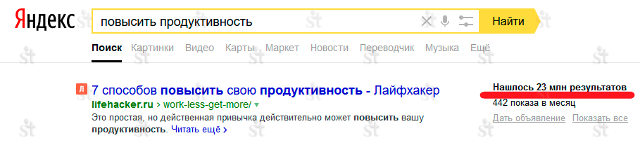 Конкурентность запроса Повысить продуктивность в Яндексе